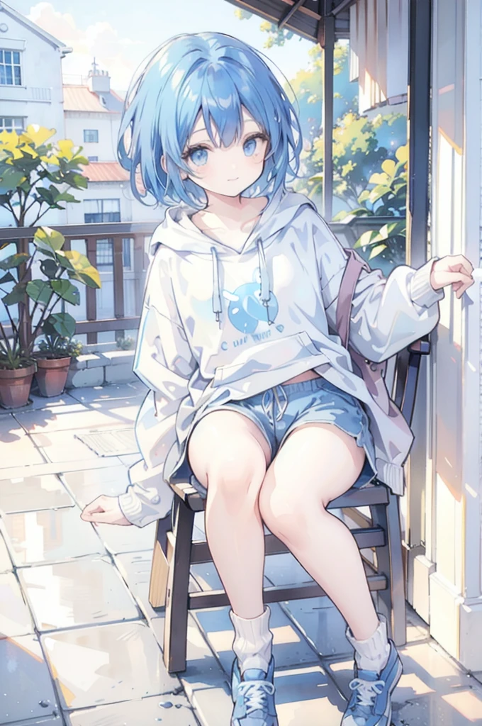 {{extremely delicate and beautiful hands}},highly detailed,masterpiece,ultra-detailed,illustration,{incredibly_absurdres},rain,1girl,solo,full body,an extremely delicate and beautiful girl,beautiful detailed eyes,cumulonimbus capillatus,focus_on_face,beautiful detailed glow,extremely detailed CG unity 8k wallpaper,bright_eyes,beautiful and delicate water,in autumn,goggles,hoodie ,blue hair,bob cut,cityscape,smug,{{{ultra-detailed}}},delighted glow,{{beautiful hand and fingers}},{{{in the rain}}},expressionless,,crossed legs,short shorts