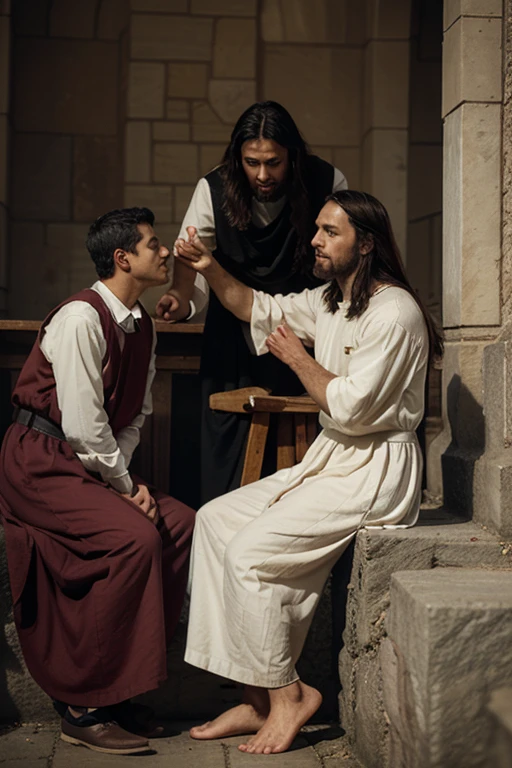 "A powerful and moving scene showing Jesus laying his hands on a blind man, performing a miracle. Jesus is at the center, dressed in traditional robes, with an expression of compassion and focus as he gently touches the head of the blind man. The man, previously with closed eyes and an expression of suffering, is now opening his eyes with a look of joy and surprise as he realizes he can see. Around them, a small crowd of witnesses watches in awe and reverence, some raising their hands in praise and others whispering in admiration. The background features a street in ancient Jerusalem, with stone buildings and market elements. Sunlight illuminates the scene, highlighting Jesus and the miracle taking place. The atmosphere is filled with a sense of wonder and spirituality, capturing the transformative moment of divine healing. The image size is 16:9, providing a widescreen view of the entire scene."