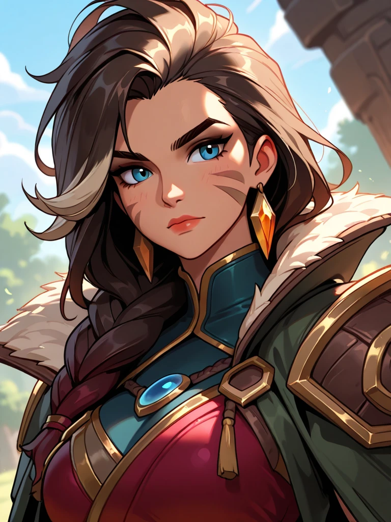 ((best quality)), ((masterpiece)), (detailed), Taliyah, stones in background, smiling, sun shining on her, yellow eyes, light brown tan, freckles, tight brown leggins, light brown knee high leather boots, closed mouth, ,teeth not visible, smiling