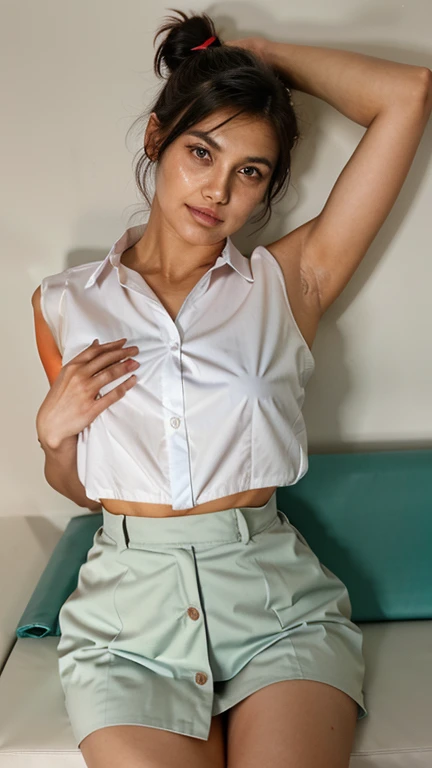 Create a 28 year old woman, Spanish model, alta de 1.74 metros, con senos grandes y cintura con arta cadera, con cara hermosa, de test blanca y rizos, con ropa formal, camisa blanca, semi-transparent black silk pants, apretado de las caderas, suelto de los tobillos, con tacos negros semialtos.