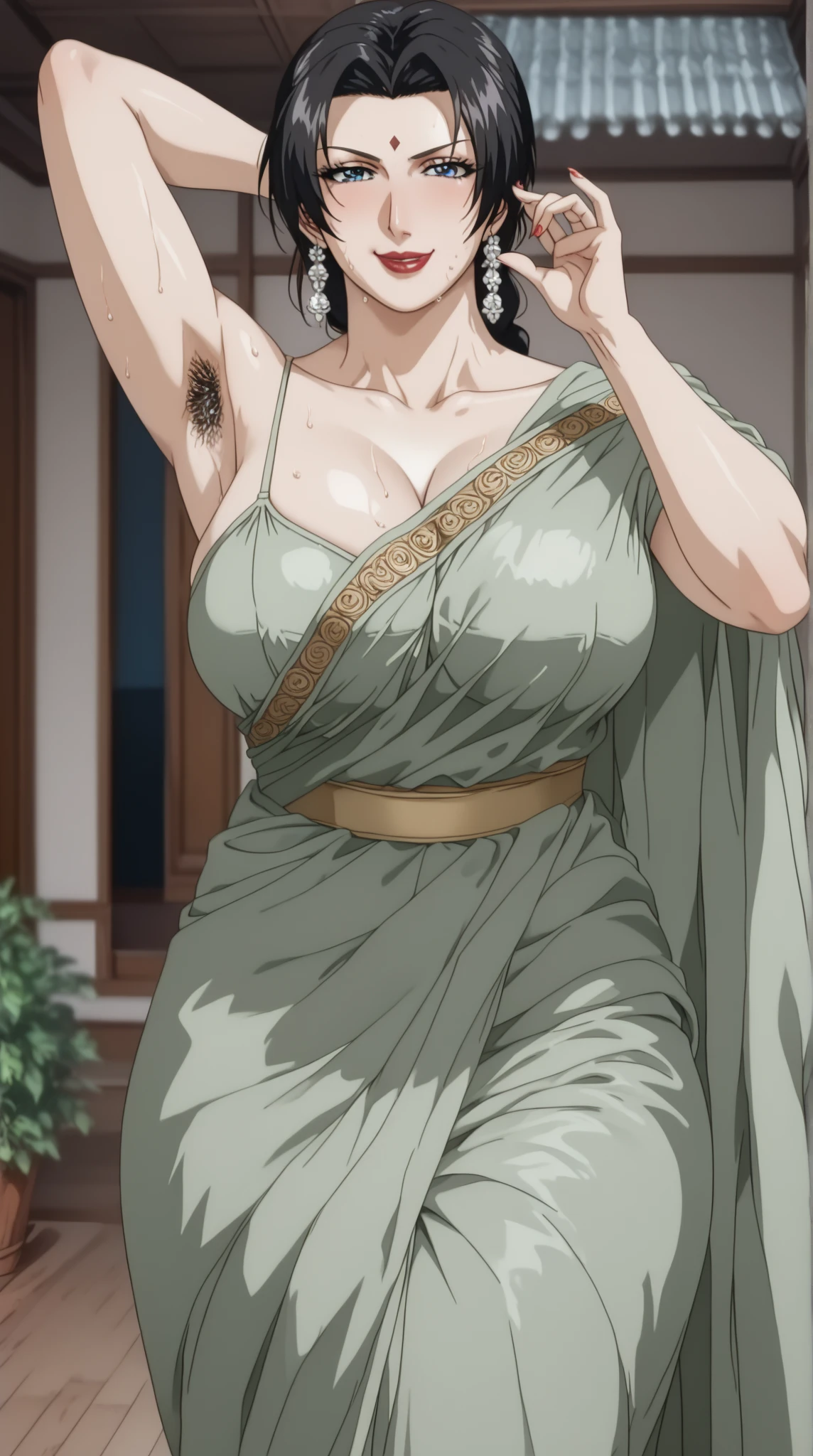 (8k, RAW photos, minino:1.1) ,female,(looki at viewer company),cowboy lens,Japanese,carla yeager / (attack on titan\),(fullbody saree:1.1),La Brett Piercing,cleavage,((( saree))),seductive smile,Be red on the face, full body photo, standing, lean, muscular legs, muscular belly, long hair, black hair, eyes, medium breasts, (no bindi) Professional lighting、photon mapping、physics-based rendering、dark theme,wearing wifs, jewellery and necklace, alone, extreme high quality, legs covering saree