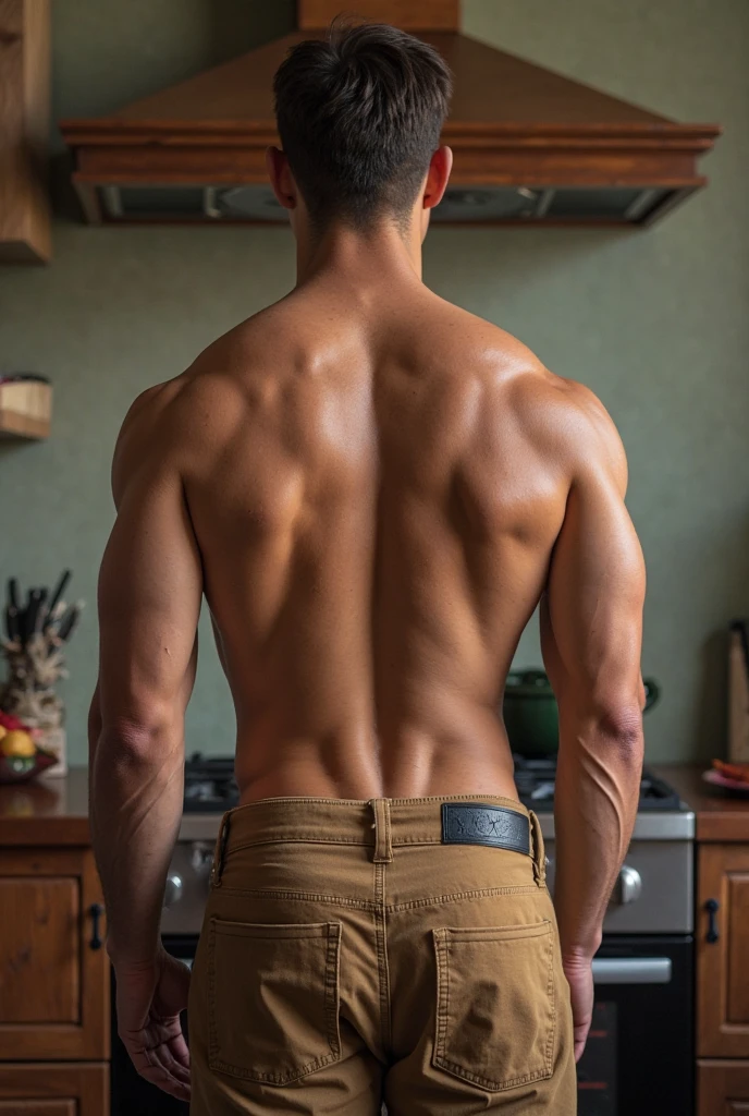 masterpiece, a high resolution, (Male focus), (1 boy, slim, 20 years, Spanish, , short hair, Brown hair, kitchen),  plumber tools, sink fastening, Ass exposed, looking back, Curious, Close-up, 8K, HDR