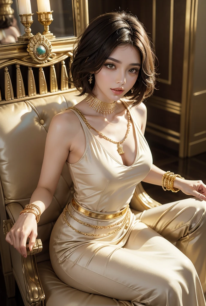 Masterpiece with a beautiful 30-year-old woman representing the sign of Gemini, in a luxurious environment of the year 200 . | The scene is richly detailed in 10K ultra high definition, with the woman sitting in a room opulently decorated with gold on the table. Dynamic lighting and intense shadows, combined with the dramatic pose and realistic style, provide a cinematic quality. | Bulma's integration, in a realistic photo style, highlights the magic of the moment, while the use of magical lighting intensifies the atmosphere. The scene evokes the richness and elegance of the past, offering an authentic representation of the period. | Engaloming portrait of a 30-year-old twin woman in a luxurious setting of the year 200 , with intricate details in 10K Ultra High Definition. | {The camera is positioned to capture an intense shot, highlighting the woman's dynamic pose with dynamic lighting and shadowull_body)), ((gemini_woman):1), ((luxury_room:1), ((magic_light):1), More_Detail.