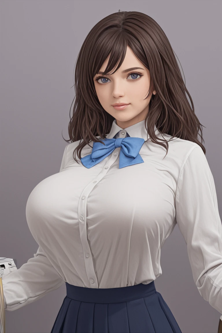 (live-action version:1.2), (Professional high-quality photos:1.2), pretty girl, shiny bronze hair, short hair, delicate eyes, look at me, (big breasts), (My breasts are too big and my breasts sag..:1.3), White thin blouse, Button Pop, (perfect tits:1.2), cute uniform, valley, (No underwear), bust sharp focus