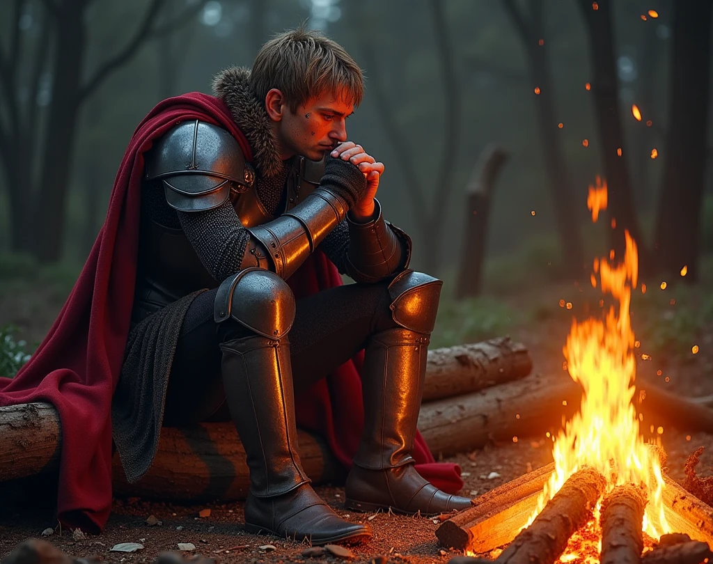 Handsome 18 year old man with blond hair who is a knight who got stabbed and he bled out