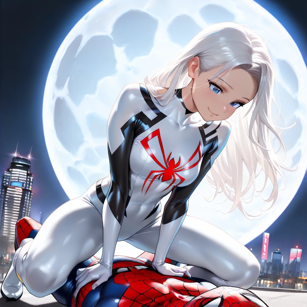 (Masterpiece, 4k resolution, ultra-realistic, very detailed), (White superhero theme, charismatic, there's a girl on top of town, wearing Spider-Man costume, she's a superhero), [ ((25 years), (long white hair:1.2), full body, (blue eyes:1.2), ((Spider-Man pose),show of strength, jumping from one building to another), ((sandy urban environment):0.8)| (cityscape, at night, dynamic lights), (full moon))] # Explanation: The Prompt mainly describes a 4K painting of ultra-high definition, very realistic, very detailed. It shows a superheroine at the top of the city, wearing a Spider-Man costume. The theme in the painting is a white superhero theme, the female protagonist has long white hair, is 25 years old and her entire body is shown in the painting. In terms of portraying the actions of superheroines, spiders are employed