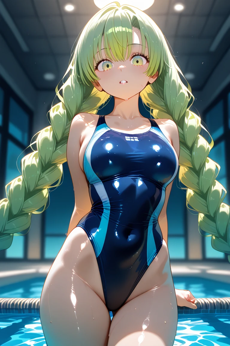 camel toe:1.4、(Sweat)、(vapor)、((protruding nipples:1.2)), (((long gloves:1.3)))、brown loafers、black calf length socks、Open your thighs wide to the left and right、(((squat)、show off your crotch to the viewer, ((latex old school swimwear:1.3、((squat)), spread your legs:1.3, arm behind head ))、、absurd、green long hair、flat lighting、elevation angle、sexy pose、highest quality、Complex、surreal、perspective, very detailed, detailed background, shape、1 girl、alone、small breasts、light smile, embarrassing, blush, Poolside, (Sweat),