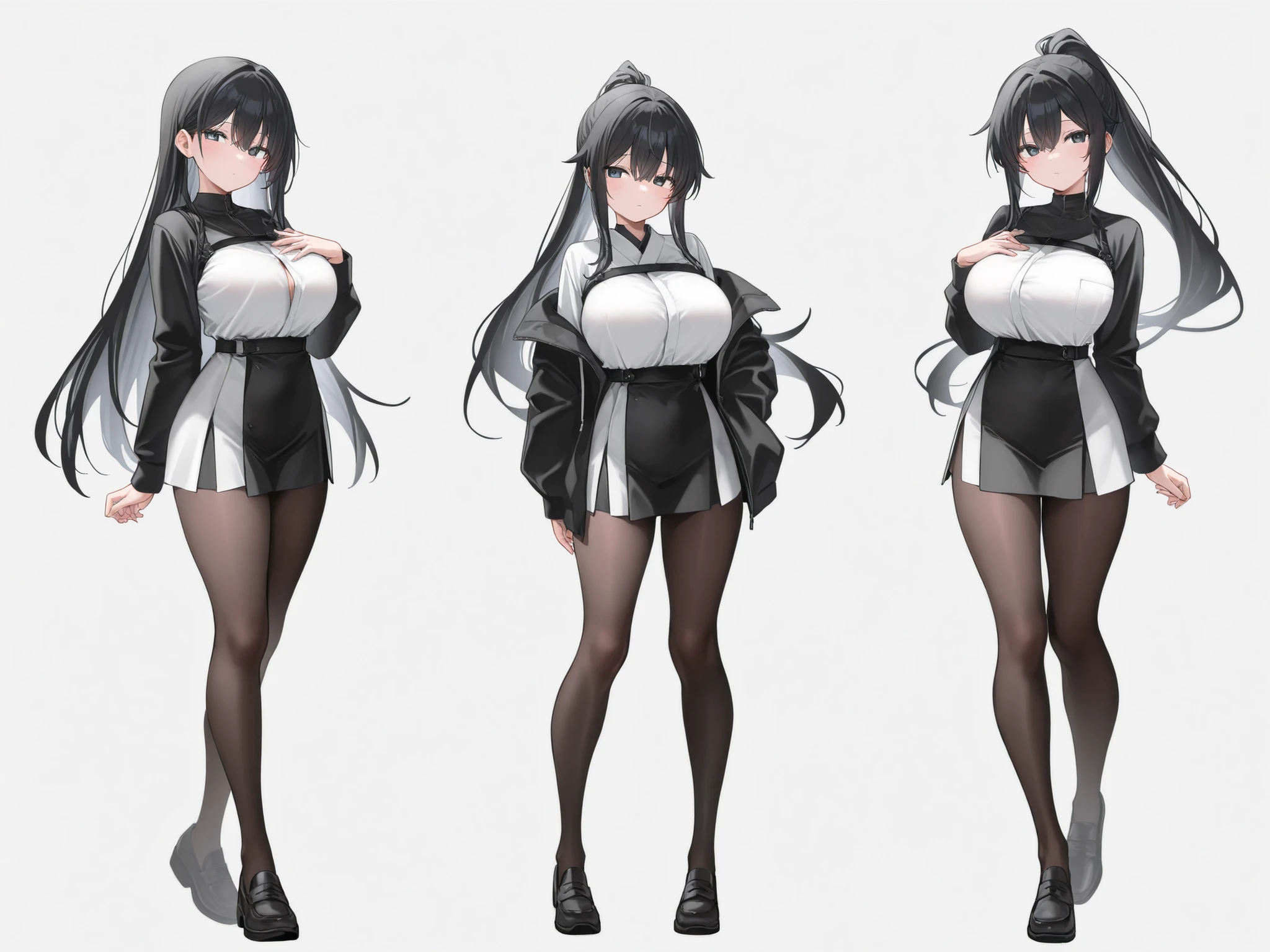(comic style artwork with perfect anatomy) (masterpiece, best quality) masterpiece:1.6, best quality:1.4, real picture:1.2, intricate details:1.2, charturnerv2:1.2, full body character turnaround of 1lady, Appearance: milf:1.25, slender:1.3, brown eyes, (((afro woman))), perfect body, medium breasts, medium chest, sharp eyes, cleavage, curvy (((Clothing: white maxi dress shirt unbuttoned, black knee high tights, black short miniskirt))) Accessories: golden ring, simple hoop earrings, (Hair: long black hair, curly hair), Makeup: natural, glowing skin, (simple background, white background:1.3), multiple views, Multiple views of the same character in the same outfit:1.3.