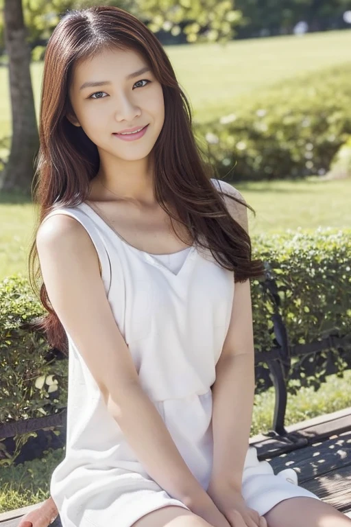 (on the table, best quality, realistically, super detailed, meticulous, High resolution, 8k wallpaper), Close-up portrait of a beautiful woman, like, Smile, light brown messy hair, Perfect dynamic composition, beautiful meticulous eyes, Just like the cover of a fashion magazine, on campus