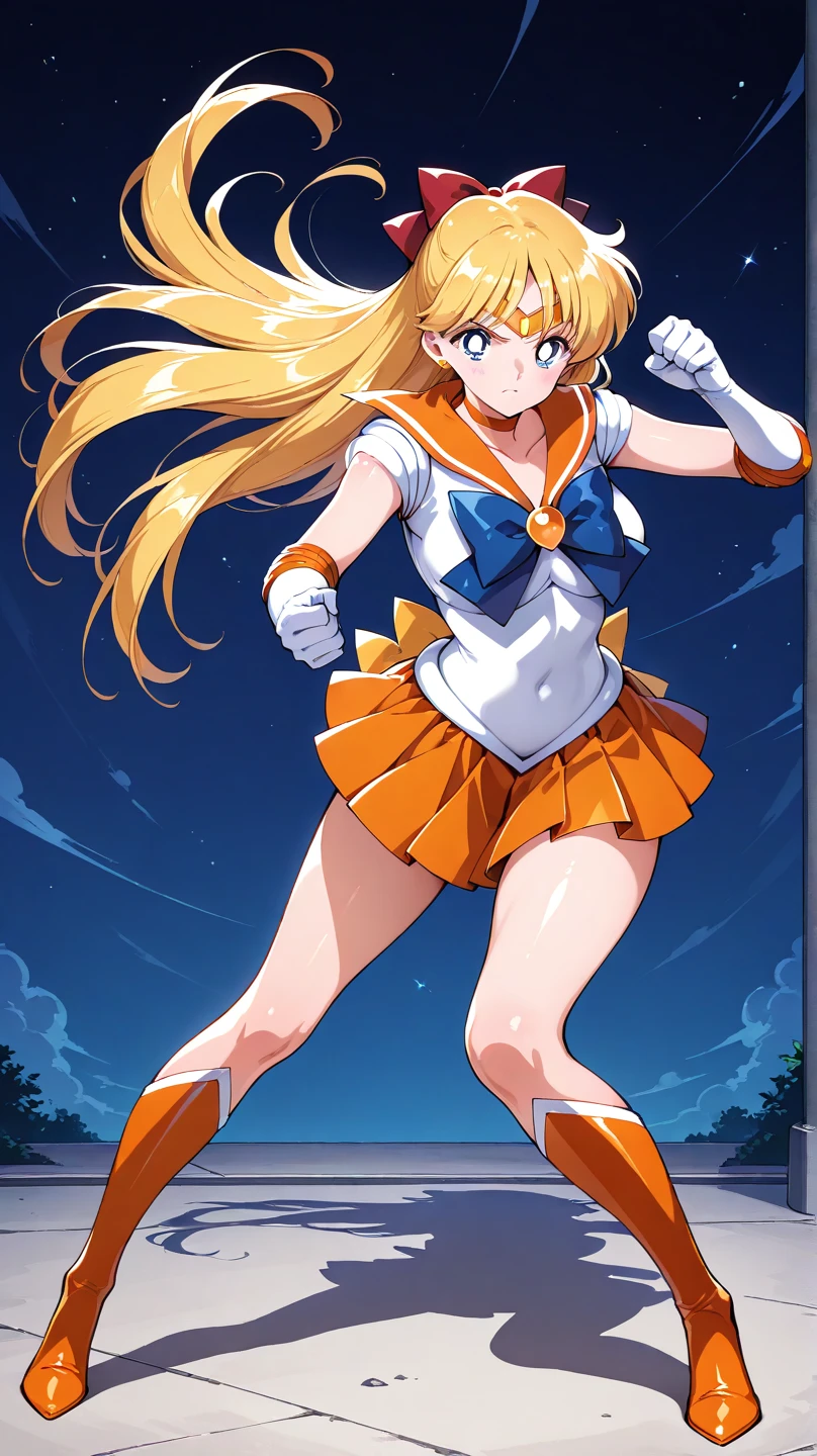 masutepiece, Best Quality, hight resolution, SV1, Sailor Senshi Uniform, Orange skirt, Pants white shortle view、elbow groves, tiarra, Pleated skirt, Flipping up a miniskirt, White panty、Red bow, orangechoker, White Gloves, Jewelry, Starry sky, badass pose, slight smile, Portrait, floating, Moon, Upper body