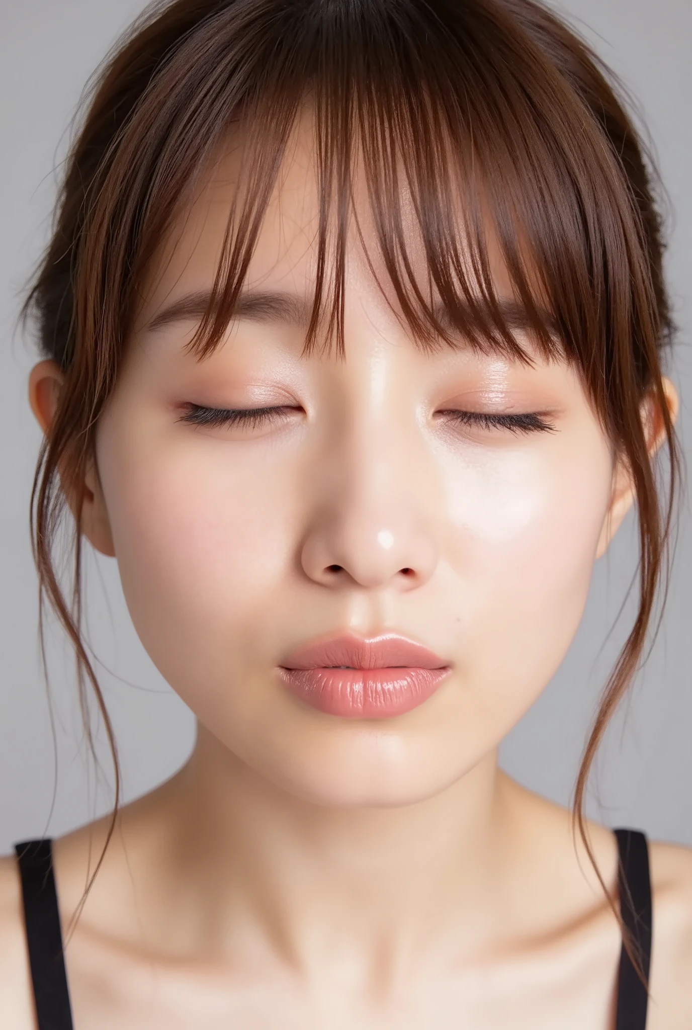beautiful young woman, eyes closed, euphoric smile, extremely puckered lips, lips pushed far forward, tight kissy mouth, lips forming a sharp O-shape, exaggerated kiss face, heart-shaped lips, ultra glossy pink lips, flushed cheeks, ears blushing, black camisole, collarbone visible, close-up, upper-front angle, full head in frame, soft studio lighting, lips extremely pursed, lips protruding, high gloss on lips, moist lips, lip focus, plump lips, smooth skin with soft texture, faint peach fuzz, skin pores subtly visible, intense affectionate mood, face slightly tilted back