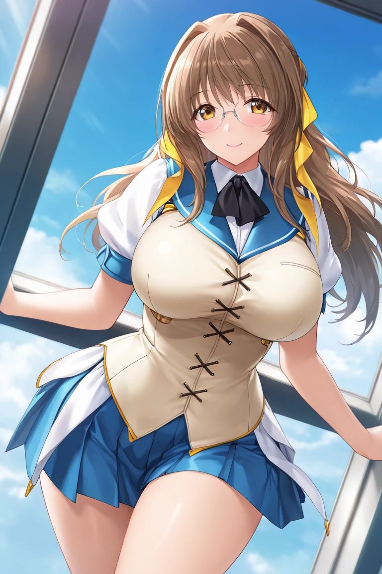 Close-up of a beautiful girl in a , a short skirt and a blazer, walking to school, blue sky with white clouds, brown hair, bangs, swept bangs, french braid, long hair, ponytail, wavy hair, expressive hair, shiny hair, hair ribbon, hair flower, dilated pupils, aqua eyes, glowing eyes, pupils sparkling, long eyelashes, earrings, light smile, glossy lips, blush, big rounds breasts, white puffy miniskirt, blue blazer, white thigh-high stockings, walking, upskirt, skirt lift, panties, looking down at viewer, high detail, anime, glowing light, dithering, image fill, from below, panorama, perspective, Wide-Angle, f/2.8, pov, 85mm, Sony FE, 8k, super detail, UHD, retina, masterpiece, illustration, accurate, anatomically correct, textured skin, highres, best quality, game cg, 16k