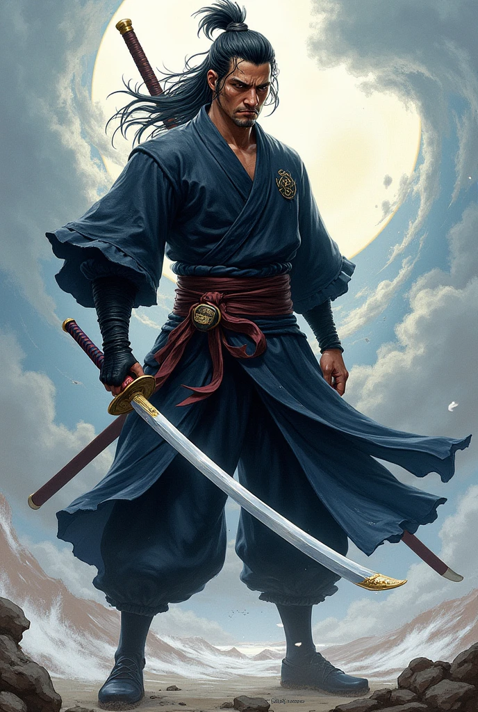 Strong handsome man, white skin, wearing a dark blue hakama, scarf, samurai style, full body art, from afar, on the horizon, long straight black hair, anime art style, serious expression, high-neck cape wrapping around the body, imposing posture, white background,