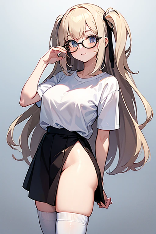 (8K, Best Quality, Ultra Detailliert, Highres, Absurdres, Perfect Anatomy:1.5, Masterpiece:1.5), (((Solo, 1 Cute Girl))), (((perrine h. clostermann, perrine clostermann))), (((Yellow Eyes))), (((Black Glasses:1.3))), (((Long Long Hair:1.4, Bangs, Blust Bangs, Blonde Hair))), (((Black Cat Ears, Black Cat Tail))), (Slender Body, Dwarf:0.7), (((Flat Chest or Small Breasts:1.0 or Small Breasts:1.5))), ((Big Hips:1.1)), (Smile:0.8), (Evil Smile:0.4), (Blush:0.8), (((White Lace Bra, Lace:1.6))), (((Brown Pantyhose, Panties Under Pantyhose, White Lase Panties, Lace:1.6))), (Full Body), (Heart, <3), ((Arms Up)), (((Spread Legs))), (((Sitting))), (((Squatting))), (((Spread Legs))), ((Simple BackGround, Simple Colour BackGround)), (On All Fours:1.4),