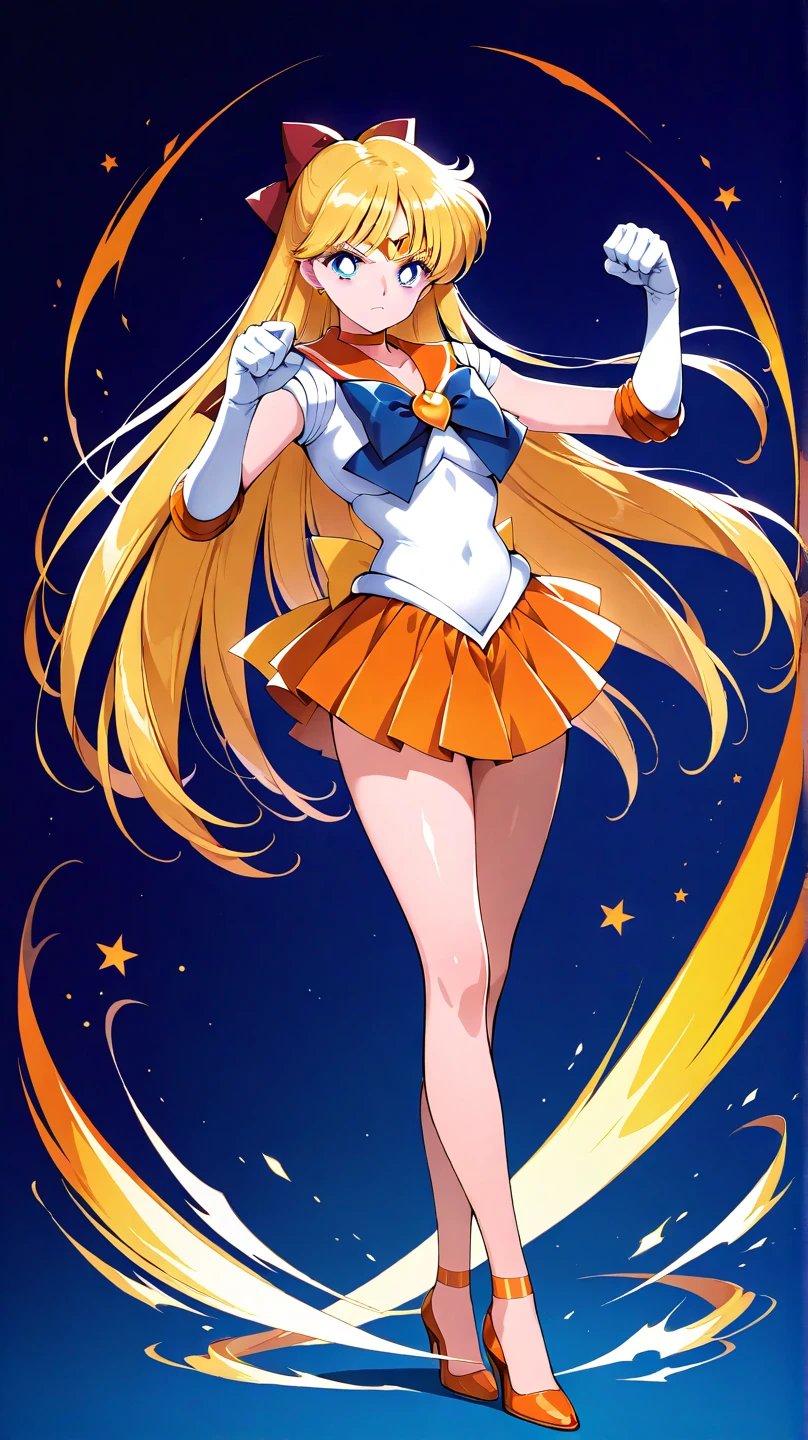 masutepiece, Best Quality, hight resolution, SV1, Sailor Senshi Uniform, Orange skirt, Pants white shortle view、elbow groves, tiarra, Pleated skirt, Flipping up a miniskirt, White panty、Red bow, orangechoker, White Gloves, Jewelry, Starry sky, badass pose, slight smile, Portrait, floating, Moon, Upper body