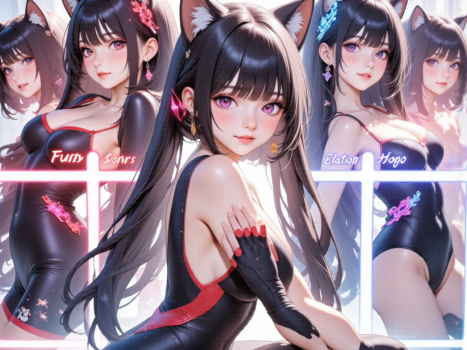 Cat ear girl,Cat's Tail,Blonde,,Red Dress,Long skirt,An attractive dress with a wide open back,Red elbow-length gloves,Illuminated by the moonlight,Shy smile,Castle rooftop,A fantastic atmosphere, Fireworks in the night sky, Face illuminated by light, Characters stand out, The background is blurred, The focus is on the characters, Sharp details, Dim light at night