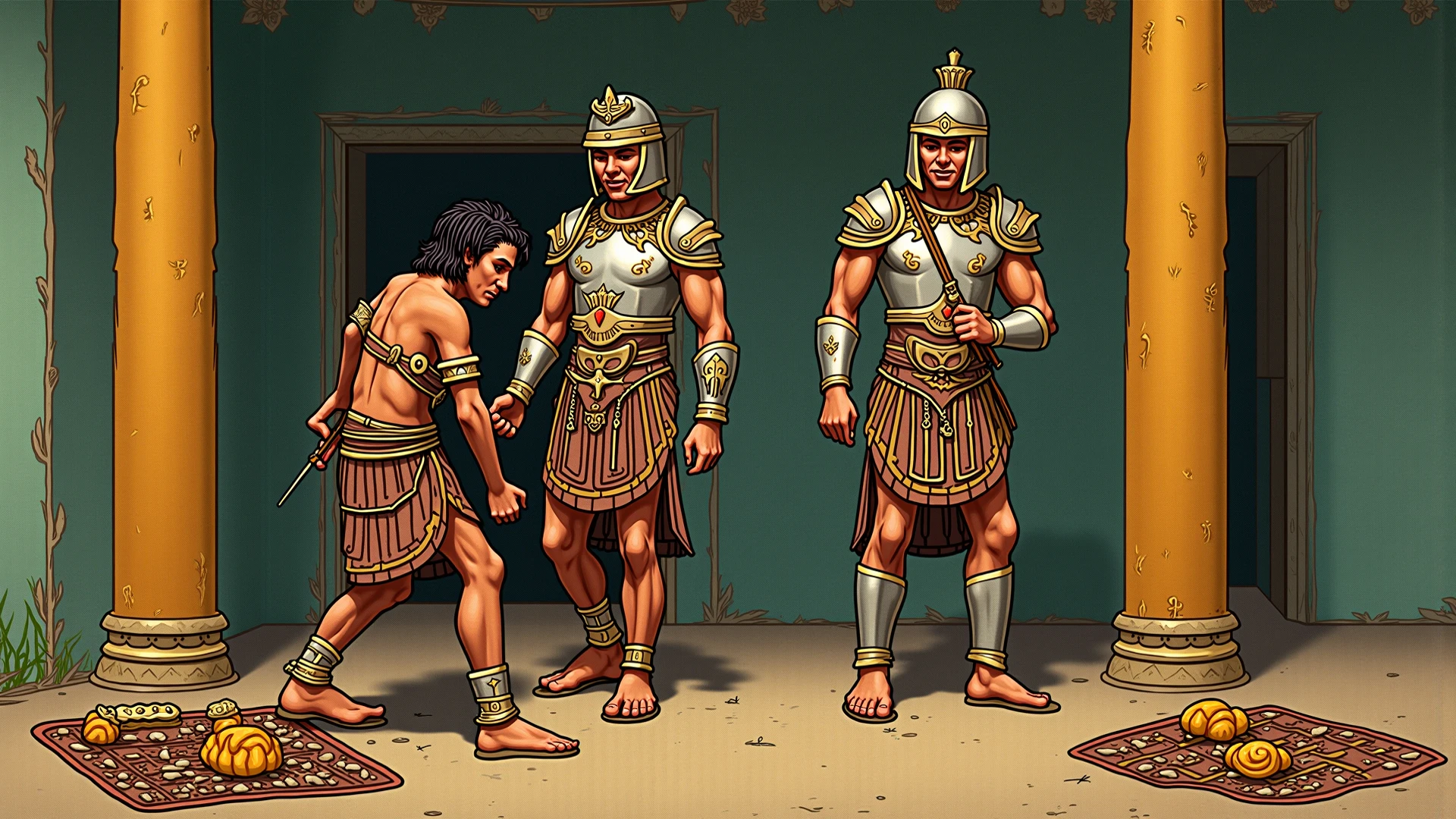 "A statue with helmet on the head of gold, breastplate on the chest made of silver, arms coated with silver, breastplate on the belly made of bronze and thighs coated with bronze, legs of iron and feet of iron mixed with clay, background of the image in stones, alone in the image."