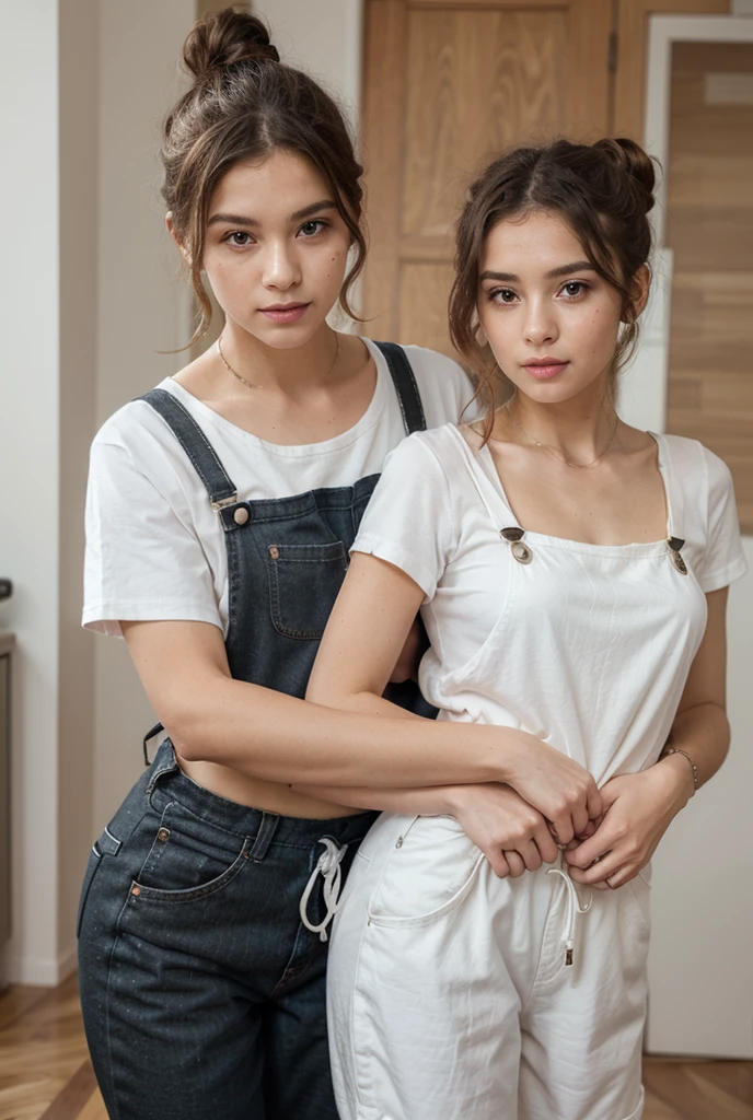 2 women，tee shirt，denim pant，aprons，at the kitchen，In washing dishes，sface focus