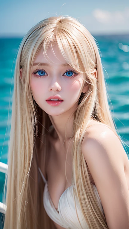 Photorealism、Highest quality、Ultra-high resolution、picture、Photo of a beautiful girl of Scandinavian origin、whole body、A cute and beautiful face down to the last detail、(Pure Eros Face_v1:0.008)、Beautiful Bangs、Alice in Wonderland、14 years、Glowing White Skin、Facial hair、Bangs on the face、Bangs between the eyes、Super long hair、Attractive natural platinum blonde super long straight silky hi-lighter hair、Beautiful bright transparent light blue big eyes that are charming and shining、Pearl white one piece swimsuit、eyeliner、double eyelid、Ample medium semi-nude bust、Cleavage、Perfect beautiful young body、Perfectly balanced body、sexy、