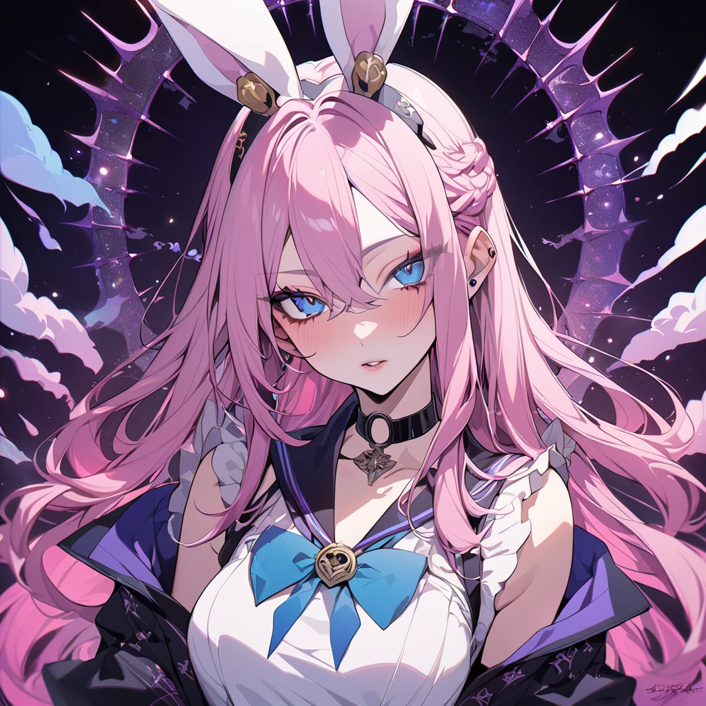 (masterpiece、top-quality:1.2), cowboy shot, 独奏, 1girl in, ((rabbit pose, Arms up:1.3)), ((The black magician wears a flowing black hood、Wearing a purple dress、From the hood comes rabbit ears、Her blue eyes shine fiercely、 very beautiful pink long hair:1.1))、 ,BREAK, (Beautiful Anime Face, cute face, embarassed face、Detailed face), Blue eyes, Jewelry, earrings, Piercing, Mysterious Forest Illuminated by Moonlight、Make an image of a black magician performing magic、A magic orb floats on your lap、Unleash a mysterious mist from the orb、((rabbit pose:1.2))