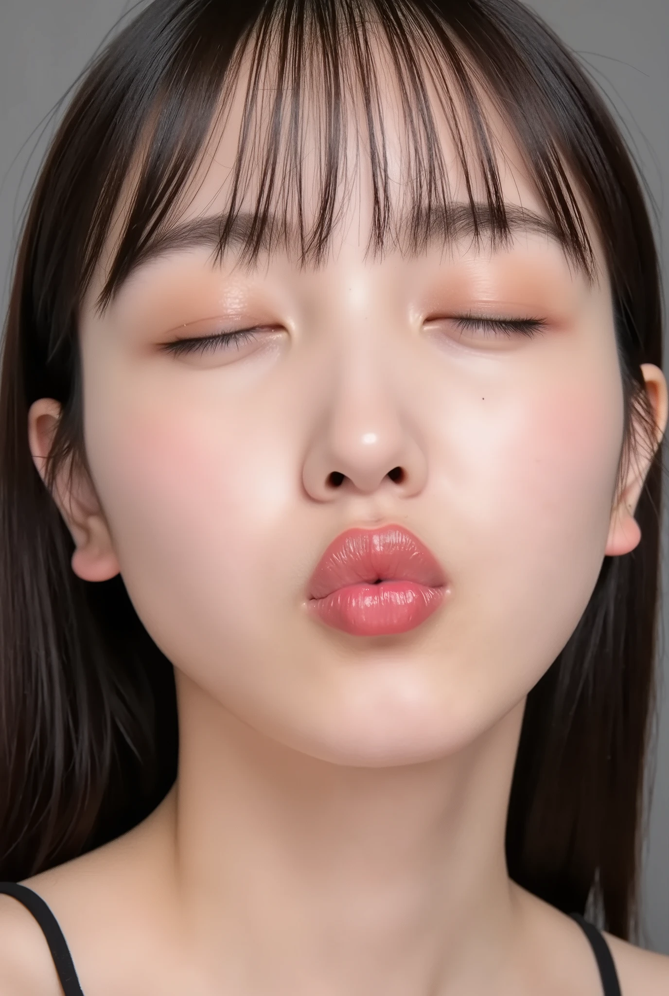 beautiful young woman, eyes closed, euphoric smile, extremely puckered lips, lips pushed far forward, tight kissy mouth, lips forming a sharp O-shape, exaggerated kiss face, heart-shaped lips, ultra glossy pink lips, flushed cheeks, ears blushing, black camisole, collarbone visible, close-up, upper-front angle, full head in frame, soft studio lighting, lips extremely pursed, lips protruding, high gloss on lips, moist lips, lip focus, plump lips, smooth skin with soft texture, faint peach fuzz, skin pores subtly visible, intense affectionate mood, face slightly tilted back

