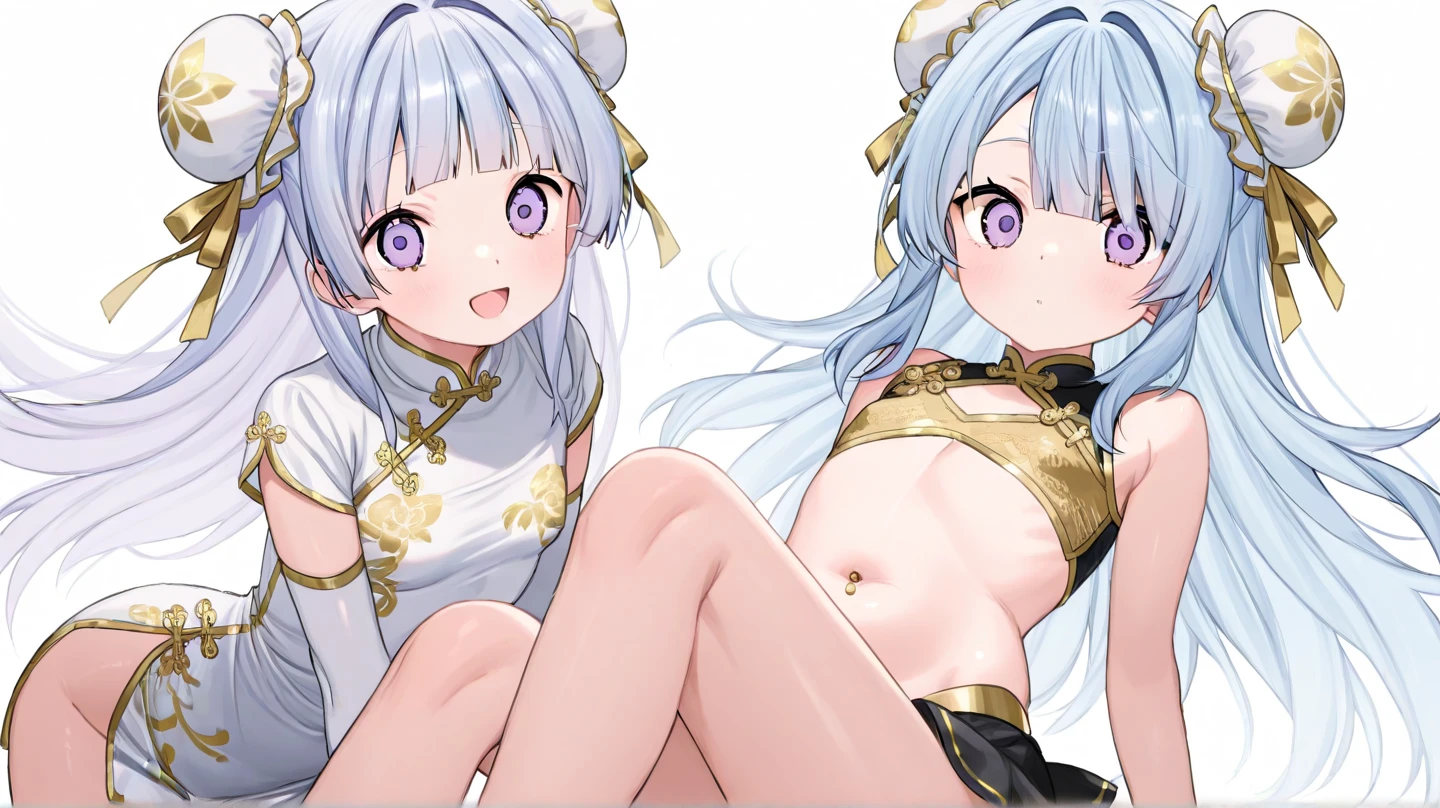 purple hair, rose eyes, short hair, naked, white background, smoll stature, chibi, flat cheast, flat tits