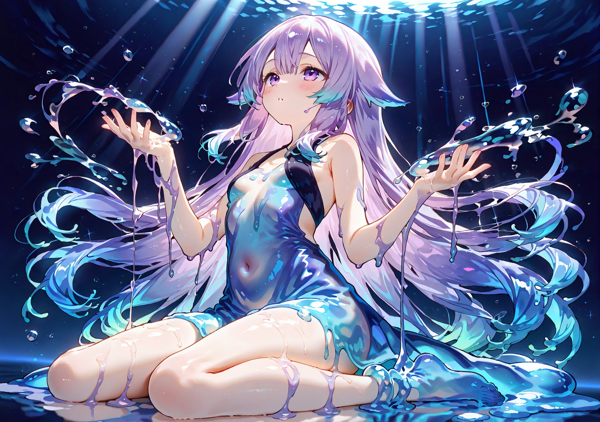 best quality, masterpiece, high resolution,nsfw,sexy,slime girl, petite,purple eyes,slightly like but mature expression, long flowing hair with dark blue and teal gradient highlights, subtle colorful glow, translucent and glossy skin, soft slime texture on arms and legs, fluid dress blending into the slime, deep blue and indigo tones,radiant lighting,masterpiece, best quality,fantasy, dark tones, glow,semi-liquid legs, partially melted slime feet, transparent lower limbs, flowing slime texture around legs, hair flaps,humanoid shape preserved,blush,shiny translucent ankles,reflected glow on legs,from below,wariza, hands up, looking up,parted lips