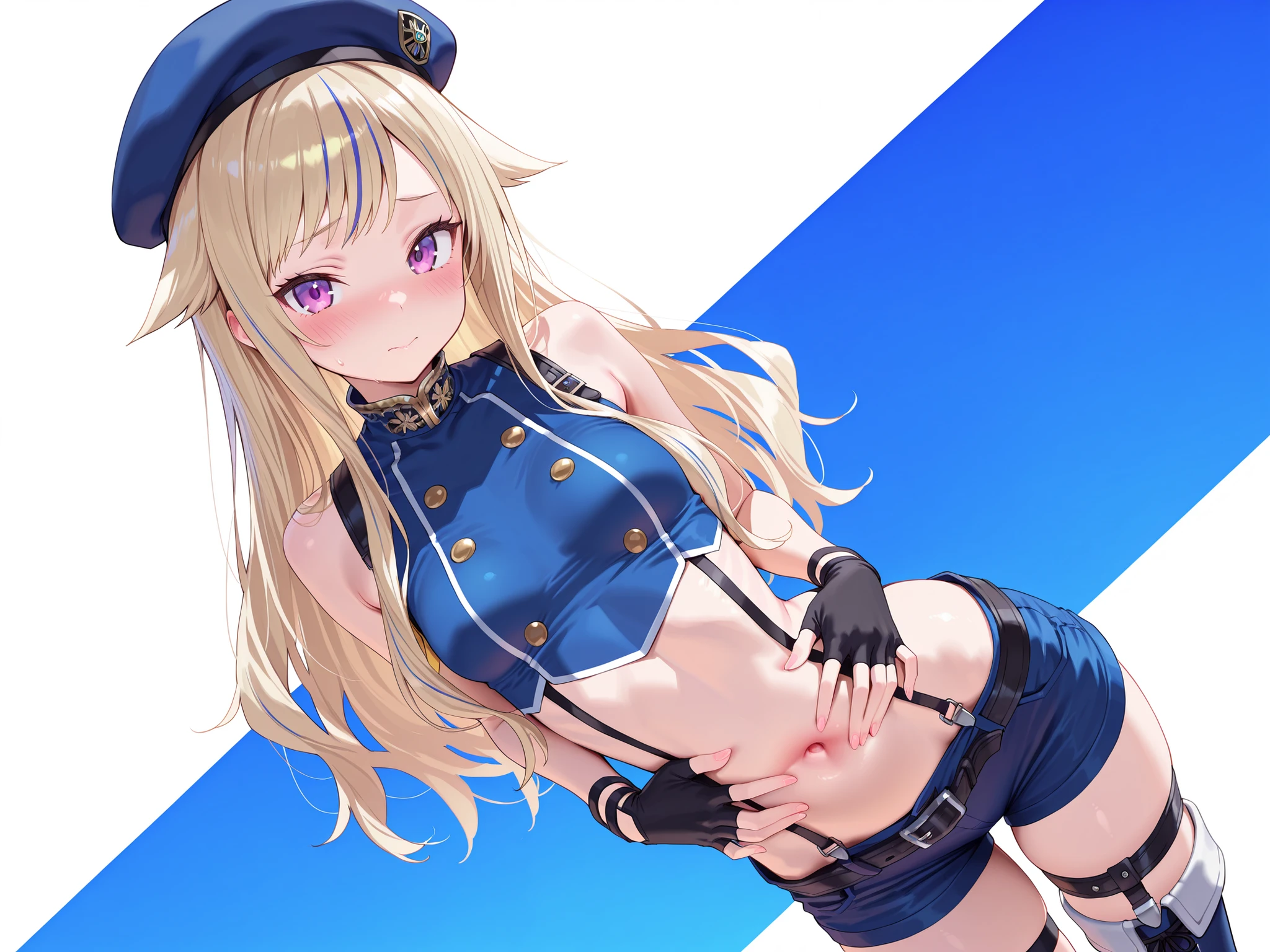 solo,masterpiece,best quality, amazing quality, highres, absurdres, very aesthetic, high resolution, ultra detailed, perfect details,suzuki hina, blonde hair, long hair, streaked hair, hair flaps, purple eyes, skinny, small breasts, hat, beret, blue thighhighs, blue crop top, fingerless gloves, midriff, single thighhigh, sleeveless, suspender shorts, thigh straps, belt, boots、looking at viewer,(masterpiece, detailed:1.2),hands on own stomach、open navel,embarrassed