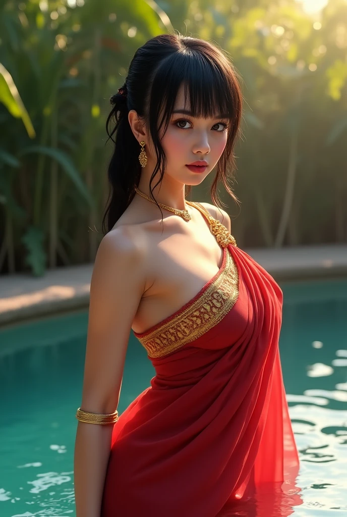 ((of the highest quality, 8K, masutepiece: 1.3)), Beauty, hide face, One Woman、realisitic、 Beautiful: 1.3, Slender Pregnant: 1.1, Camisole, cleavage, Short black hair , (Standing in front of a fountain), hyperdetailed face, very detailed lips, Detailed eyes, Double eyelids、
