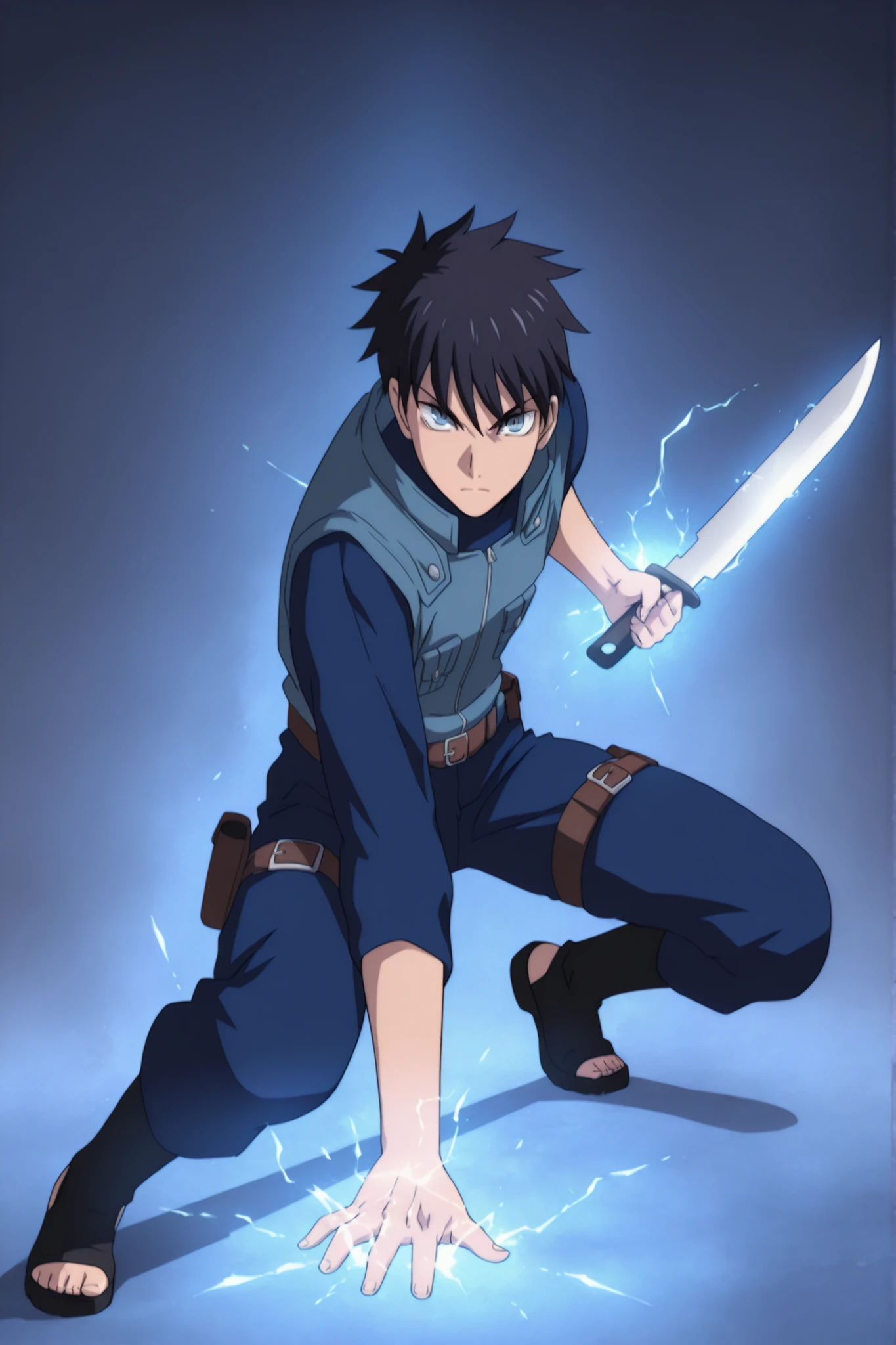 (masterpiece,best quality,ultra_detailed,highres,absurdres:1.2,amazing quality,very aesthetic),tohno shiki,1boy,solo,black hair,short hair,blue eyes,serious,,blue black pants,holding knife,fighting stance,short sword,full body,squatting,arm support, darkthick high collar black shinobi flack vest, electricity effect on hands, waist and leg harness, armored legs, jujutsu Kaisen cursed energy effect on hands, frontal view, rwby aura effect around body, marvel-venom emblem on shirt,