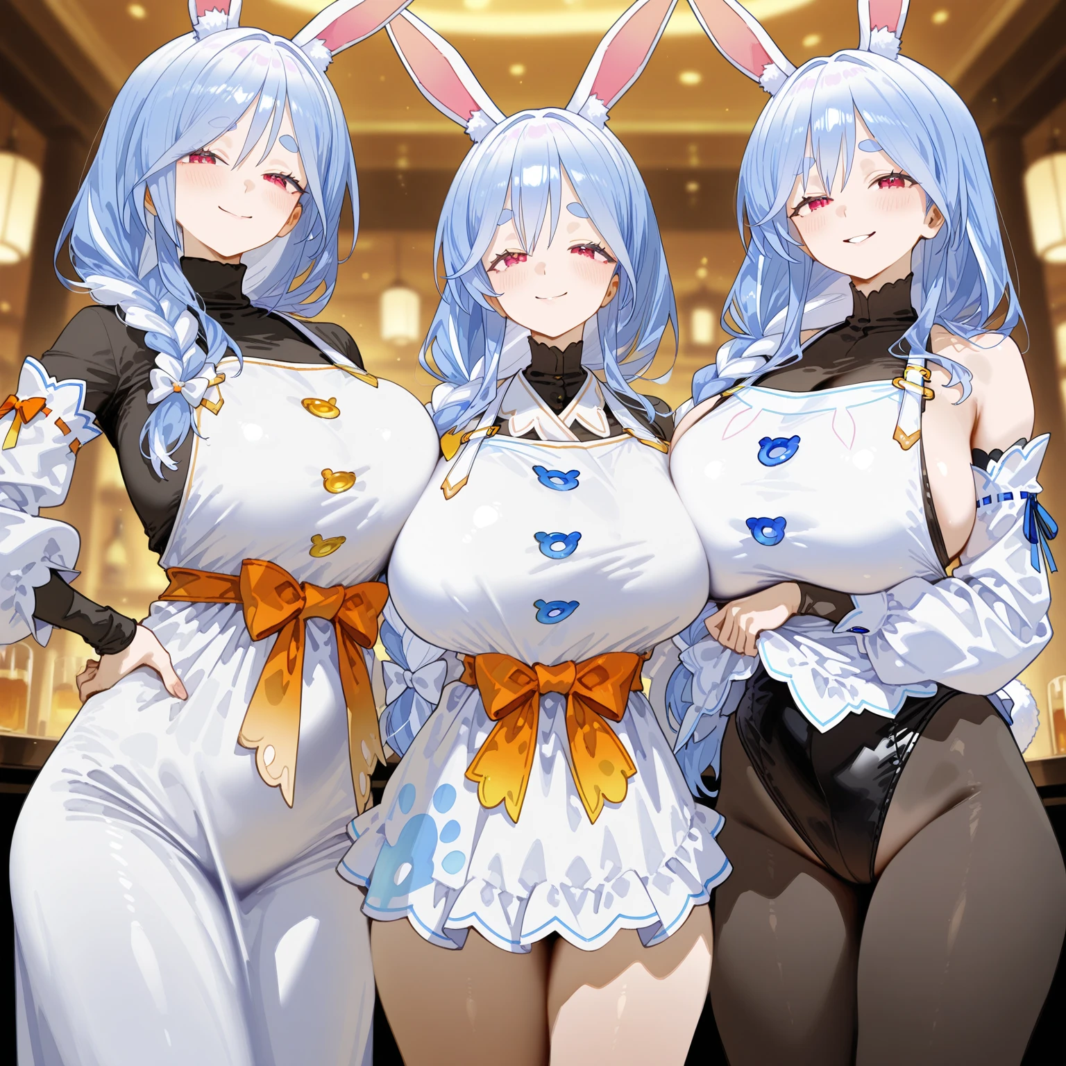 style score_9, score_8_up, score_7_up, 2girls.Praxis.
Theory, animal_ears .bow bowtie. huge_breasts. condom_wrapper frontless_outfit holding_tray .looking_at_viewer .(embarrassed glaring:1.2). open eyes . pussy. navel. pantyhose. playboy_bunny. rabbit_ears. (reverse_bunnysuit). reverse_outfit. puffy_nipples. standing stomach. wrist_cuffs . tray on alcohol Luxurious. (casino:1.2)