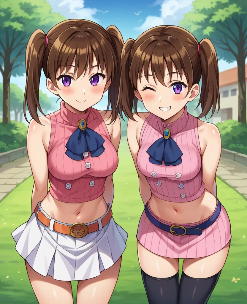 No sleeve,Sweaty,A perfect smile, (Perfect Anatomy, Anatomically correct, Highly detailed skin), Cute and symmetrical face, Perfect Face, Perfect Eyes, Perfect Fingers, Five Fingers, ((Hairstyle,Inner Color,Brown Hair,Twin tails)),Clothes are open,((Large Breasts)),mini skirt,