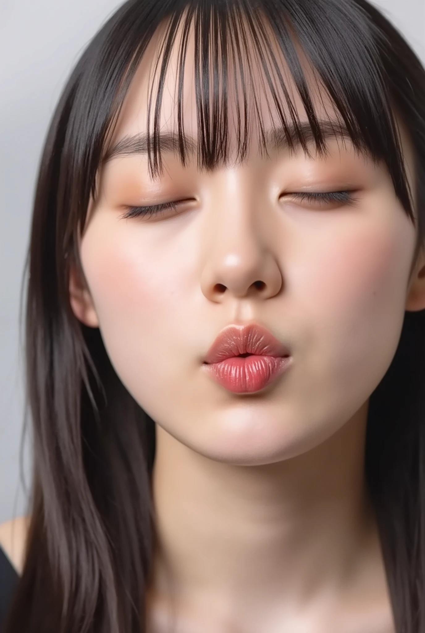 beautiful young woman, eyes closed, euphoric smile, extremely puckered lips, lips pushed far forward, tight kissy mouth, lips forming a sharp O-shape, exaggerated kiss face, heart-shaped lips, ultra glossy pink lips, flushed cheeks, ears blushing, black camisole, collarbone visible, close-up, upper-front angle, full head in frame, soft studio lighting, lips extremely pursed, lips protruding, high gloss on lips, moist lips, lip focus, plump lips, smooth skin with soft texture, faint peach fuzz, skin pores subtly visible, intense affectionate mood, face slightly tilted back