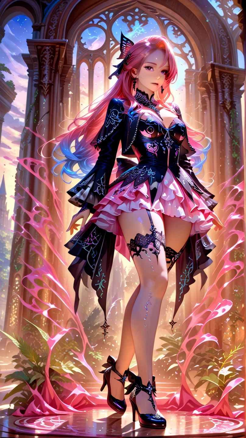 First place girl,Long flowing pink hair,head ornaments,Mid-chest,Pink lace dress,Chest gem,Steel armor gloves,steel high heels,.best quality,masterpiece,Ultra-high resolution（2：0）,shuriken,The steel sword is long and sharp,The sword has magic runes attached to it,