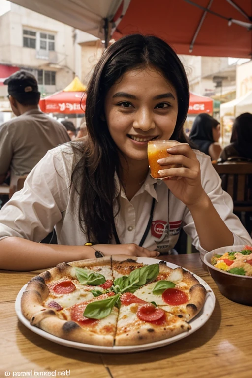 Emily, savoring a small dish of festival food, her expression one of relaxed contentment. Her blonde hair and sun-kissed skin add to the festive scene. She is dressed in a fashionable yukata suitable for the summer season.