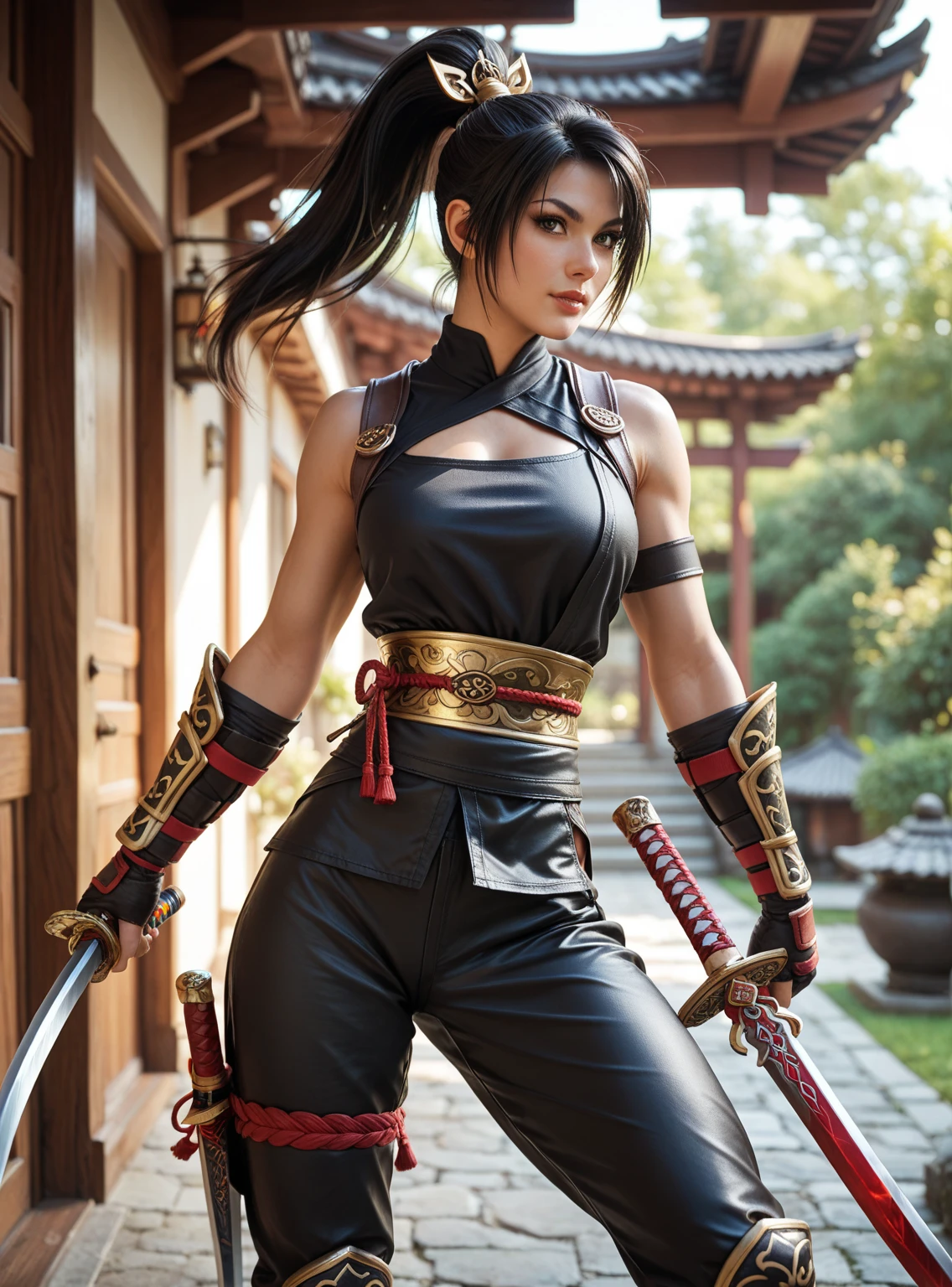 sango as female warrior ninja|kunoichi, long dark brown hair, girly accessories, makeup, thick lips, toned physique, slender, slim, fit body, skintight black battlesuit with intricate gold decals, modest curves, perfect body, ponytail, gyaru hair ribbon, in action, sculpted thighs, wide hips, cinched midriff, flat color, high contrast, ultra-detailed, high res, ultra fine sharp details, 8K, full body masterpiece, best quality, highres, masterpiece, absurdres, visible pretty brushwork, watercolor, detailed face, detailed eyes, detailed body