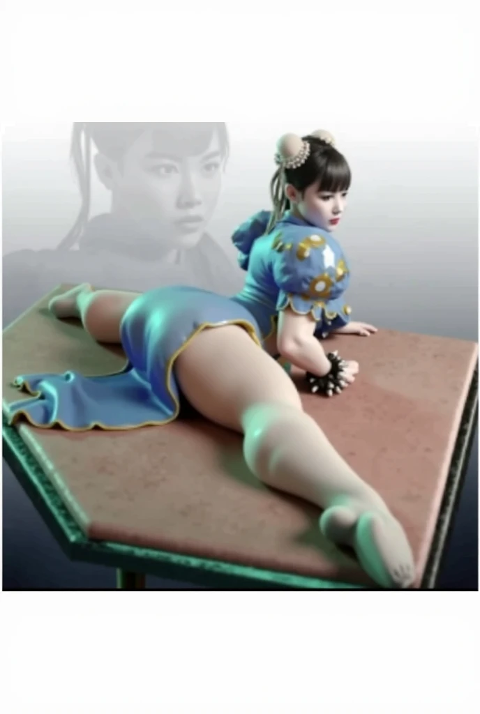 a gorgeous 12 year-old girl wearing a blue chinese dress, girl sitting at her knees, chun li, street fighter, sensually alluring girl, extremely detailed, 4k, perfect face