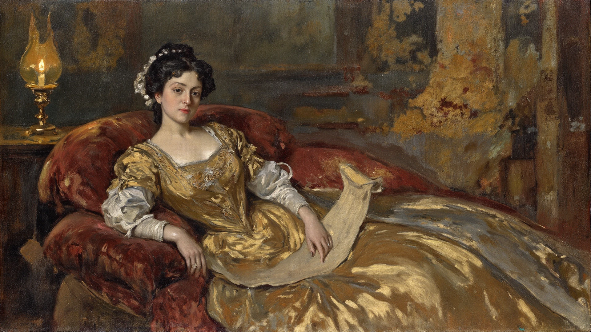 Old Master oil painting of a 1750s French woman, cleavage, gold silk panniers panniersdress court dress, in a Gothic castle ballroom <lora:breastsizeslideroffset:-.5> <lora:ARWPanniersDress:.8> by Thomas Gainsborough warm dim candlelight from side<lora:epi_noiseoffset2:1>