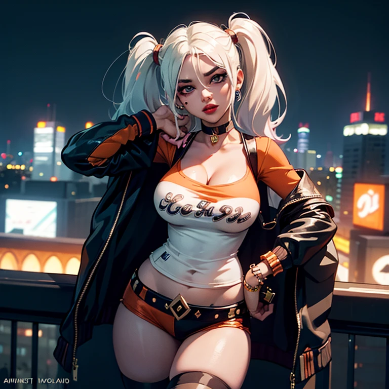 (ultra realistic,32k, work of art:1.2),(highly detailed skin:1.1),( 8k hd, dslr, high qualiy:1.1),(gazing at viewer, sitting down, from low:1.1),, Harley Quinn from suicide squad, pose playful e sensual, harleyquinn, two color hair, detailed hair, silky hair, crouched, dynamic pose, cyberpunk, neon lights, night light, citys, playful,
