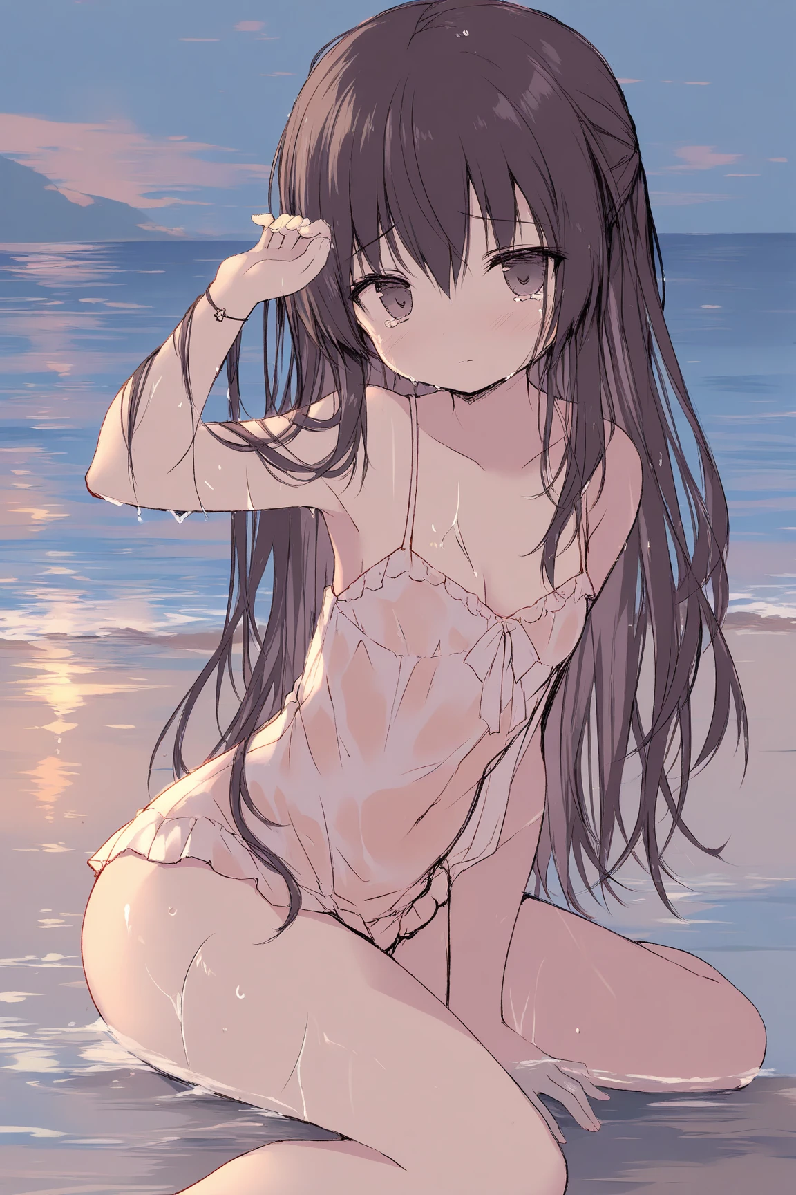 NSFW 4kqulity, top-quality, Ultra-small_Breast,)at the beach, 16 age, sexy pose, Bewitching, flat chest, half striped, , kid, child, cute little sister, nudist beach, kids playing, small breasts