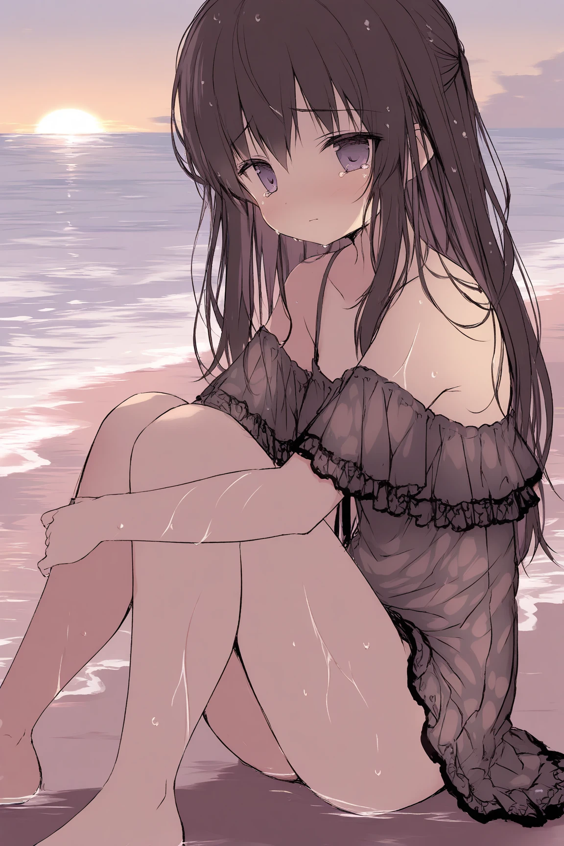 masterpiece, best quality, 8K, Reality, 1 girl, beach, stepping forward, Long black ponytails, (Golden Eyes:1.2), Heterochromia, (Red Eyes:1.2), Tokisaki Kurumi, dislike, red比基尼, Chest,Sitting, (Lift the soles of your feet)(red)