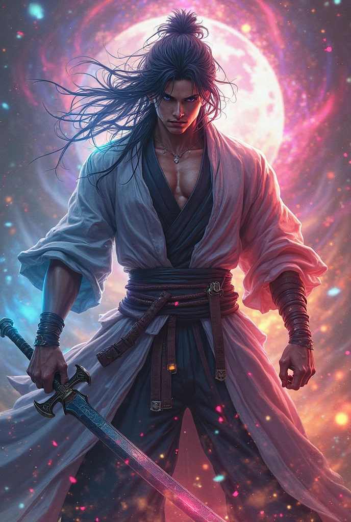 black, samurai, man, male, dark skinned, afrodescendant, open field, torrential rain, lightning, purple sky, white katana, samurai robes, many details, pines, branches, wet stones, icy wind, starry sky.