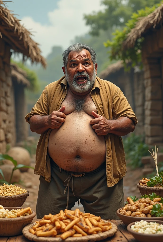 Indian food full of fat with a large container there is a man's arm stirring into it full of dripping sweat with a very Indian market in the background