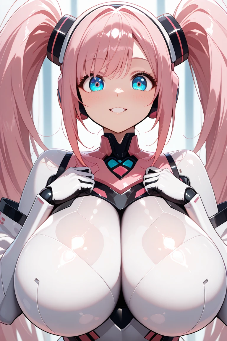 Anime cyborg girl sitting in a pilot seat wearing a virtual reality headset covering her eyes on her face with machinery and tubes and wires going inside her head and brain, (Best quality,highres:1.2), ultra-detailed, (realistic:1.3), cyberpunk, futuristic, portrait, shiny revealing latex outfit, cyber implants, virtual reality, drooling face, cables plugging into brain, shirt collar, bowtie, formal clothing, open mouth smile, facing viewer, girl is vibrating, glowing virtual reality headset, relaxed expression, blushing, cyber future formal wear, cyberpunk, futuristic, brain drain, cyber implants, virtual reality, drooling face, virtual reality headset covering eyes, , big collar, high collar, open mouth smile, pleasured face expression, skin tight clothing, big shirt collar, big bowtie, biggest breasts in the world, light-emitting cable connected to brain, head antennas, oversized headphones, breasts are vibrating, open mouth drooling, blank expression, red face blush, cyborg, android, mechanical creature, mechanical torso, futuristic cyberpunk cyborg body, slim futuristic android, glowing lights on girls body, power cells, head is emitting pink light, formal shirt collar, big formal bowtie, , glowing nipples, big shirt collar, high collar, white collar, electrocution, girl being electrocuted, electricity, electricity sparks, pink hair, short hair, neon pink hair, body modification, orgasm, pleasure, (VR headset covering the eyes), vibrating breasts, vibrating girl, intense vibration, glowing nipples, lightbulb nipples, girl wearing large VR headset, glowing eyes, blank eyes, focused face expression