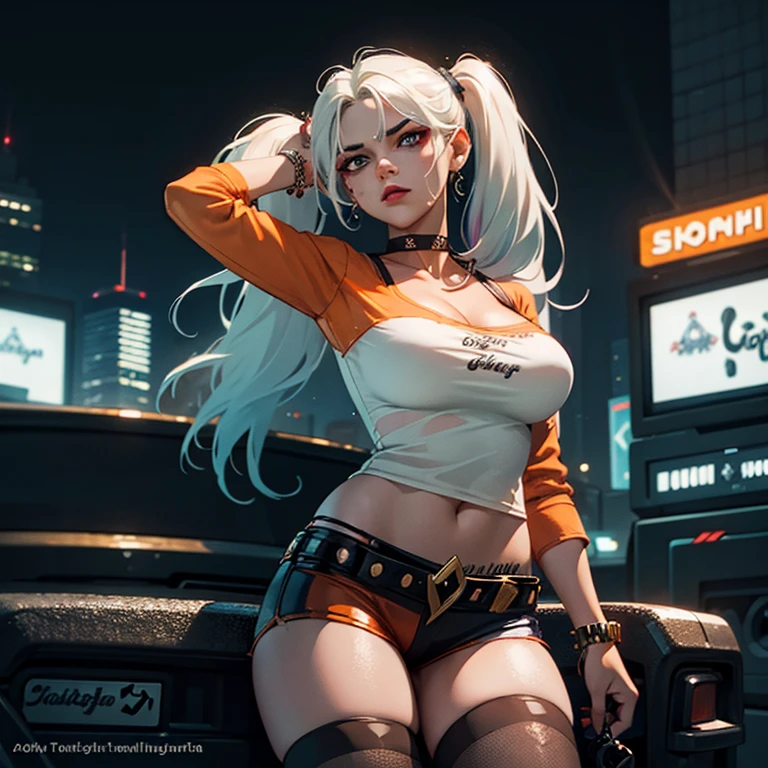 Rebecca, background is a bright scene, neon lights illuminating the area around her, The artwork is rendered in an edgy and realistic style, with high attention to detail and sharp focus. The colors are vivid and contrasted, with a slight desaturation to create a moody atmosphere. shadowy highlights enhancing the overall composition. The medium used is a digital illustration, with a touch of photo-realistic elements to add depth and texture to the image. The final result is a masterpiece in ultra-high resolution, showcasing the intense and raw nature of Rebecca