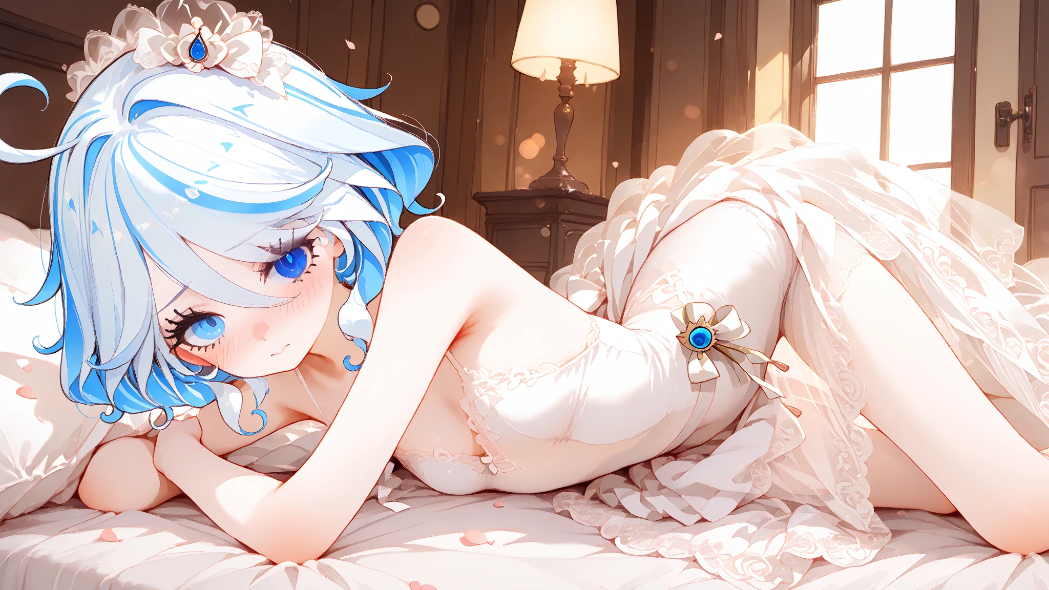 Dragon's horn，teens girl，long  white hair，，Blue eyes，Dragon tail，Lie down in bed。hands raised overhead，Expose the armpits。White stockings on her legs，The girl wears only panties and bras，white liquid on your face。，There is a white liquid on the body。White liquid on the bed。A dog collar around his neck。The dog collar is attached with a leash。The girl opened her mouth wide，Sticking out his tongue,Bare shoulders and waist。