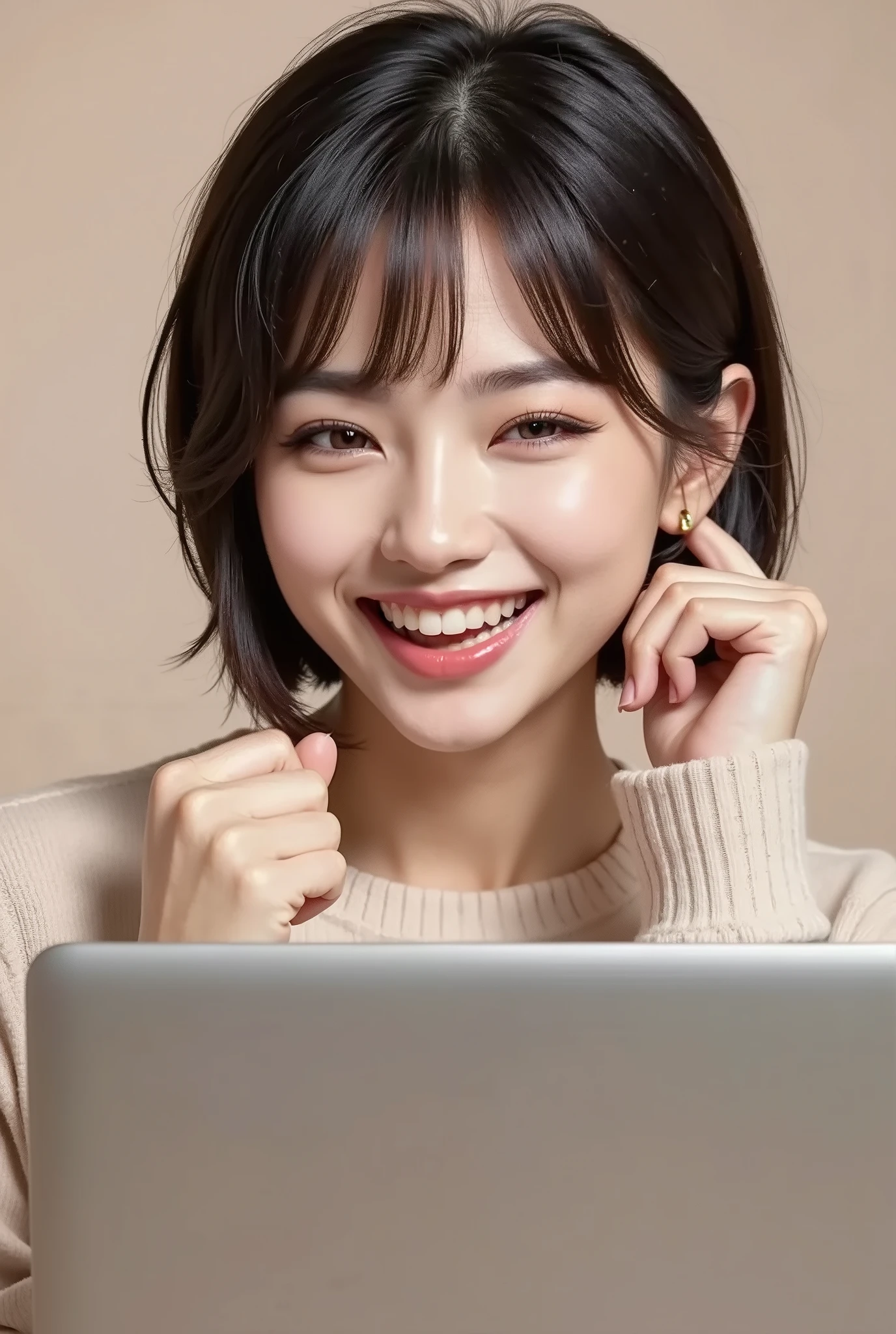 ((I'm very happy)),closes his eyes,smile opening its mouth,,fist pose in front of laptop,(short short hair),long slant eyes,Foxy face