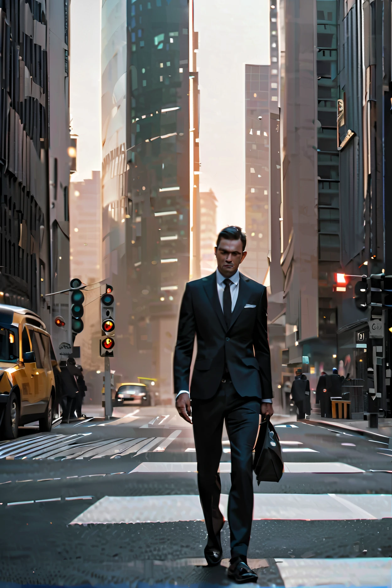a man in a black suit, holding a bag on his shoulder, pale face, sleeping face, crossing the road, zebra crossing, green traffic signal, in the middle, 8k, high quality, hyper realistic, cinematic lighting, dramatic shadows, moody atmosphere, photorealistic, professional photography, masterpiece