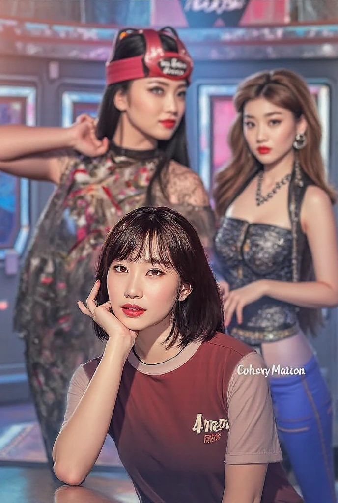 Close-up of a woman wearing a red top and two other women