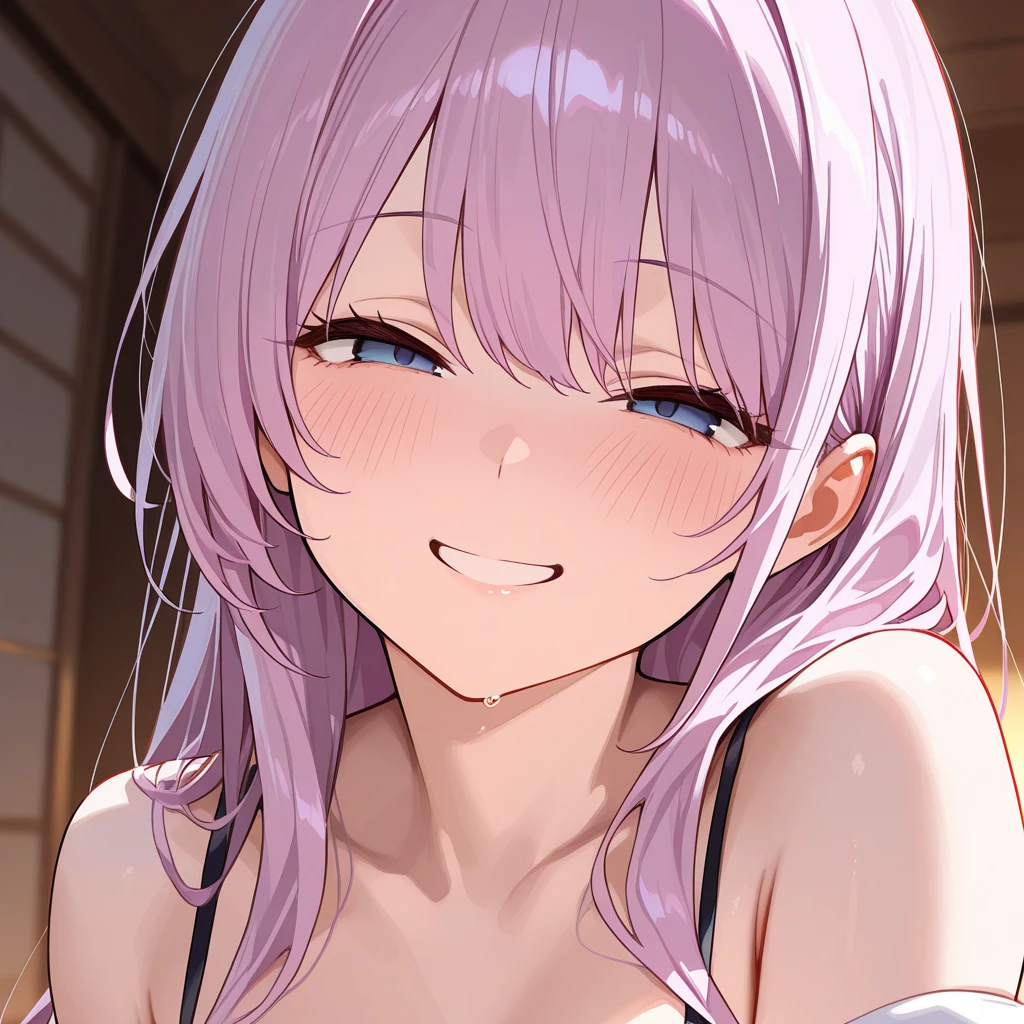 elysia, long dark purple hair, beautiful face,smiling,close up upper body, moderate breast, sitting on bed, wearing beautiful white sleepwear, (open mouth:0.9),illustration,detailed textures(realists),ultra-detailed,portrait style,vivid colors,soft lighting, blushing, mature, no bras, (smile, grin), charming:1.4, (kissing:1.3)